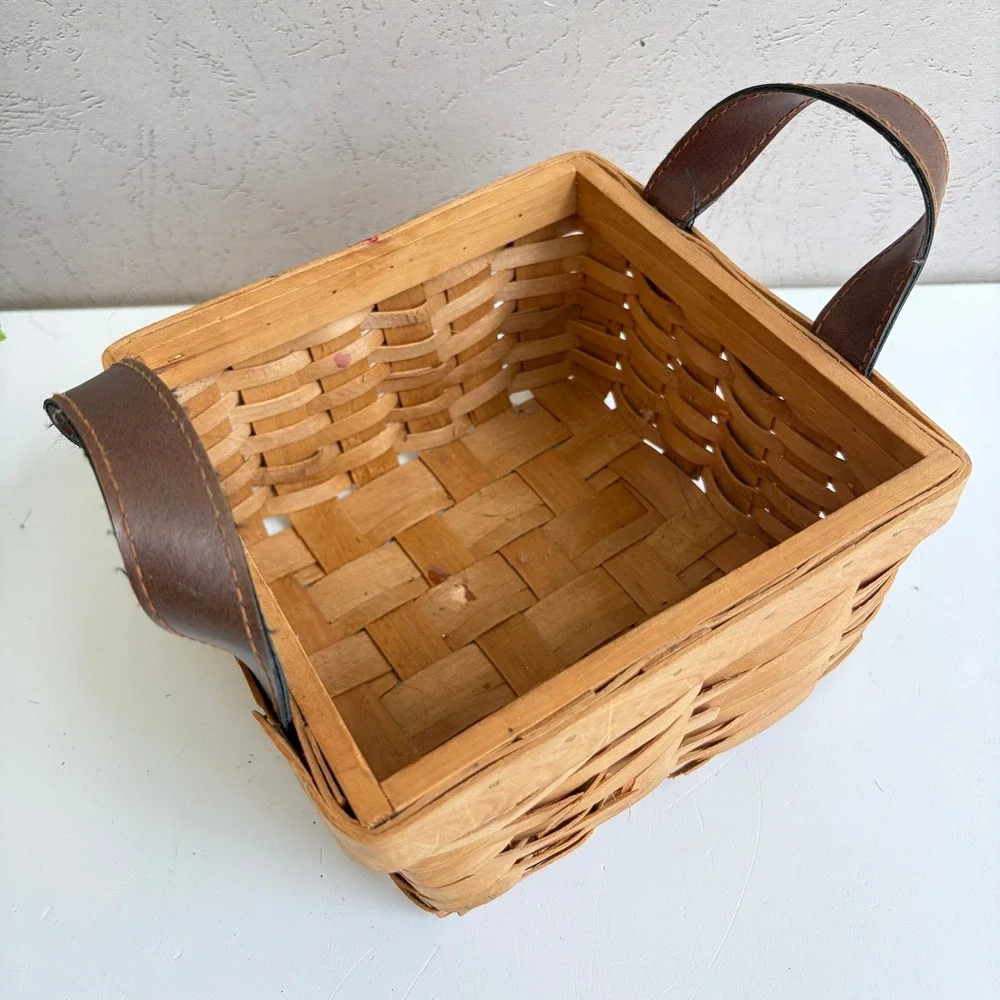 Vintage Woven Wood Square Basket with Brown Faux Leather Handles Farmhouse Decor